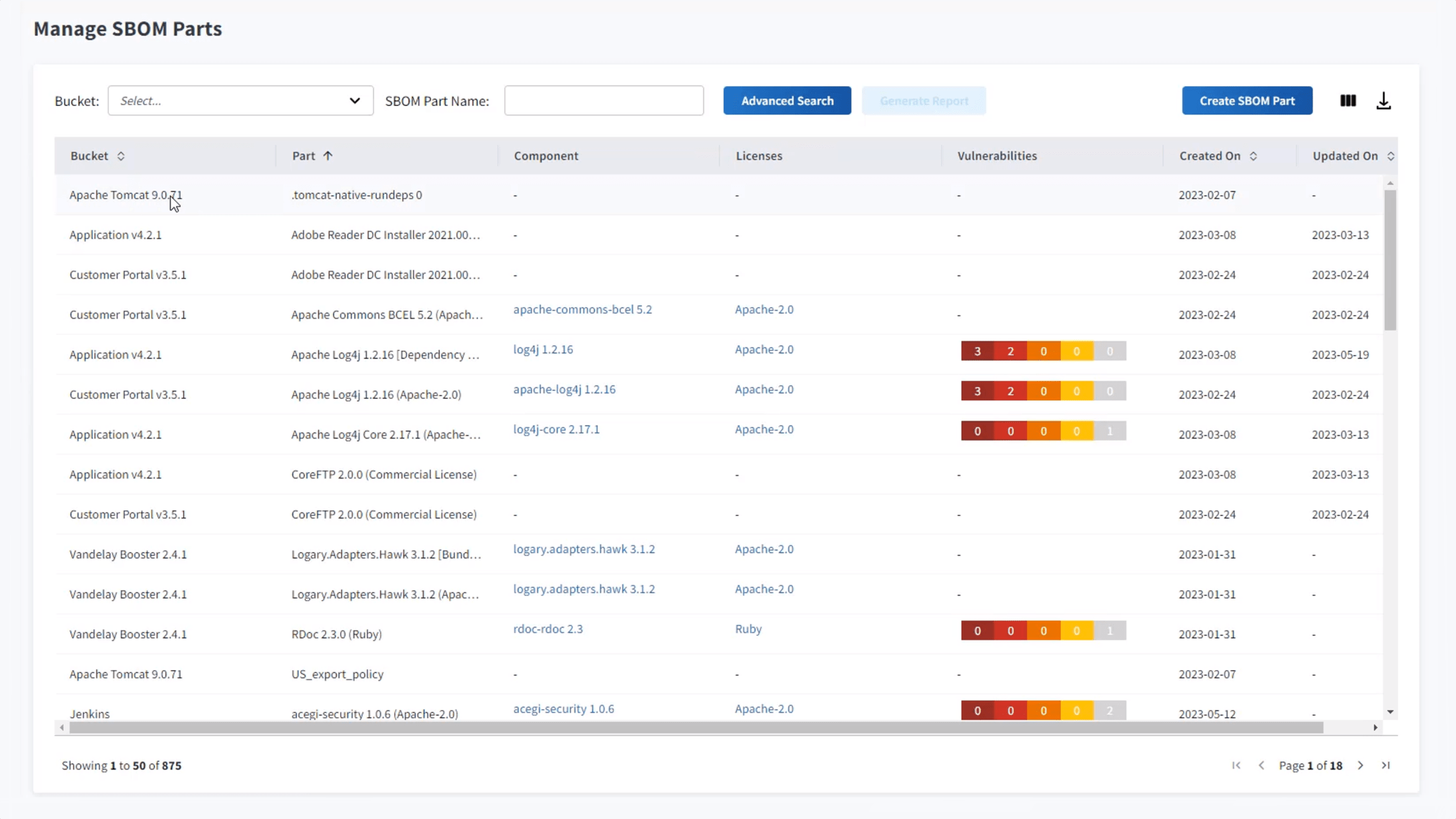 SBOM Management screenshot: Manage SBOM Parts