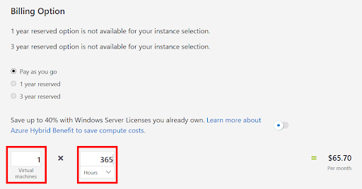 azure pricing calculator billing virtual machines and hours