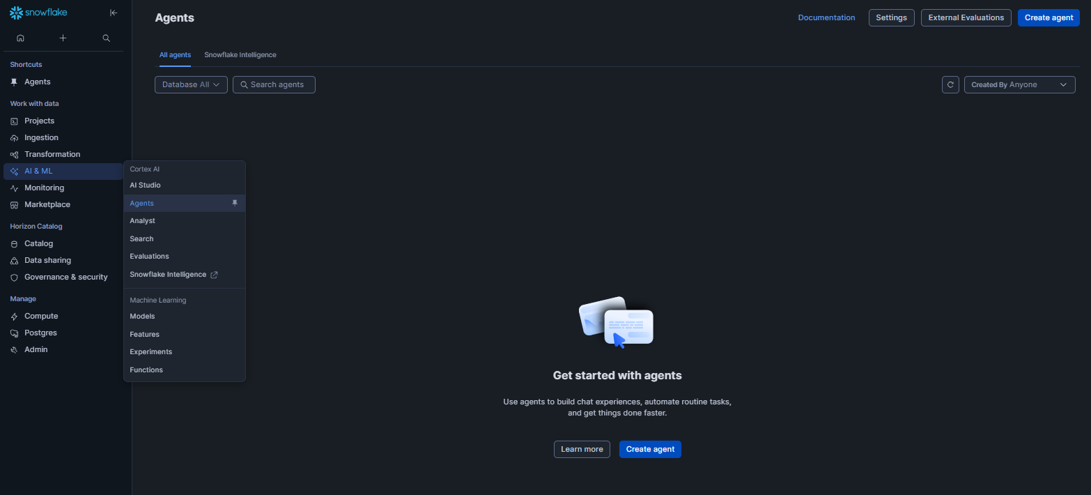 Navigating to Agents in Snowflake Snowsight to create a new agent—Snowflake Intelligence