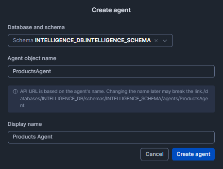 Configuring agent name and details to create a new agent—Snowflake Intelligence