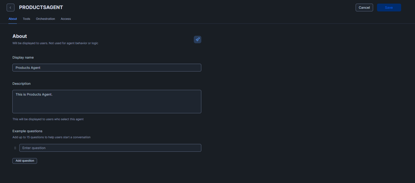 Configuring agent details, questions, and tools in Snowflake Snowsigh—Snowflake Intelligence