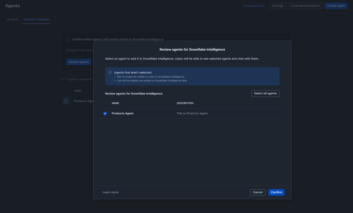 Selecting an agent for review in the Snowflake Intelligence settings