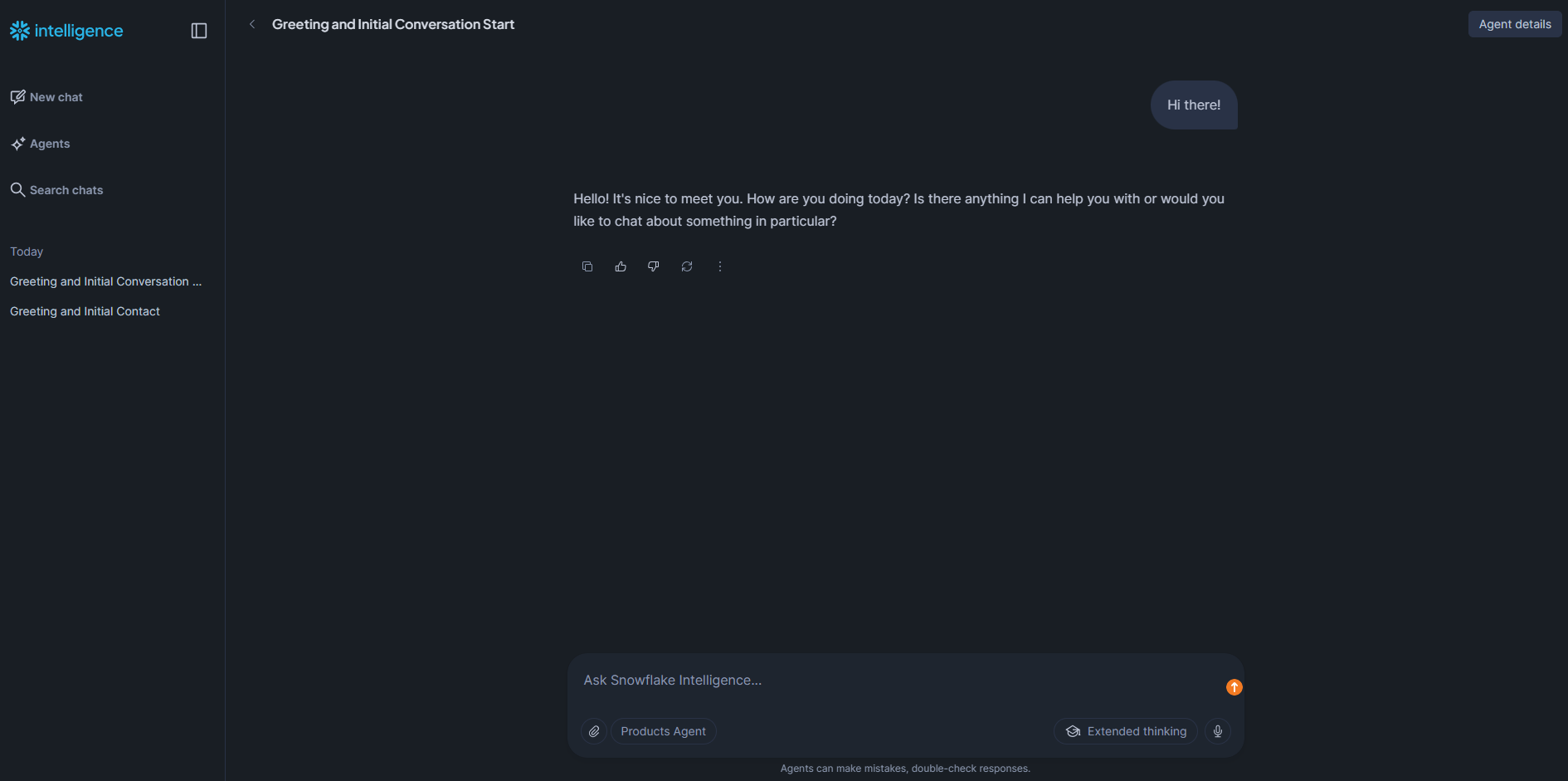 Testing an agent’s response in the Snowflake Snowsight chat interface—Snowflake Intelligence