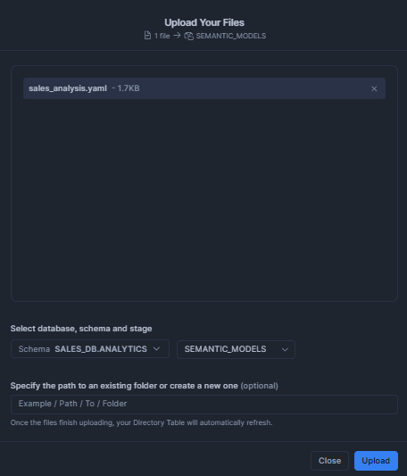 Uploading the YAML file via Snowflake Snowsight UI—Snowflake Intelligence