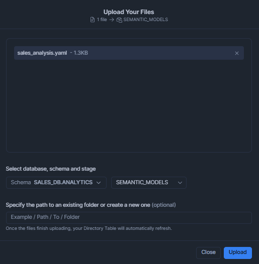 Uploading the YAML file via Snowflake Snowsight—Snowflake Intelligence