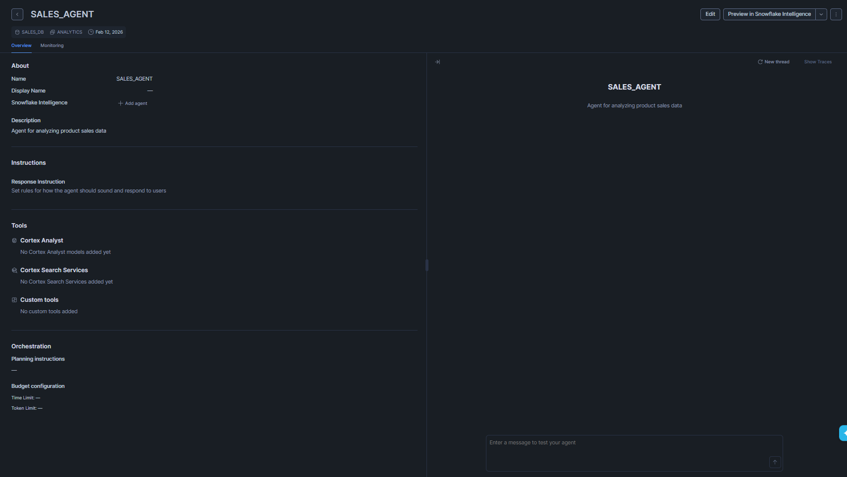 Opening the agent configuration in Snowflake Snowsight—Snowflake Intelligence