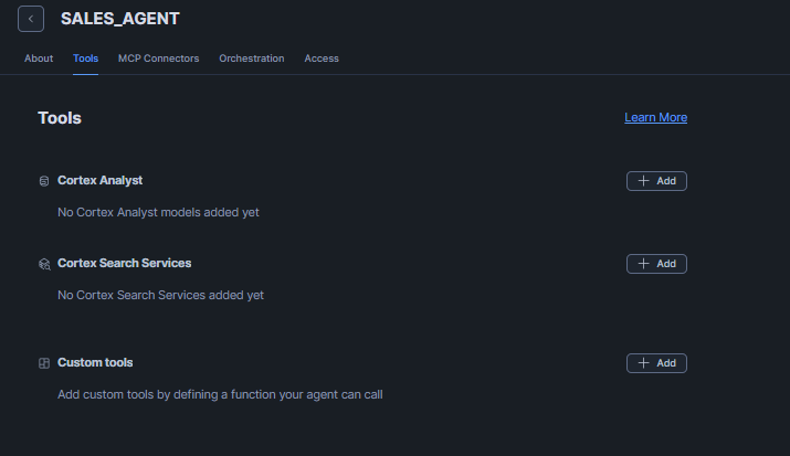 Accessing the agent Tools menu—Snowflake Intelligence