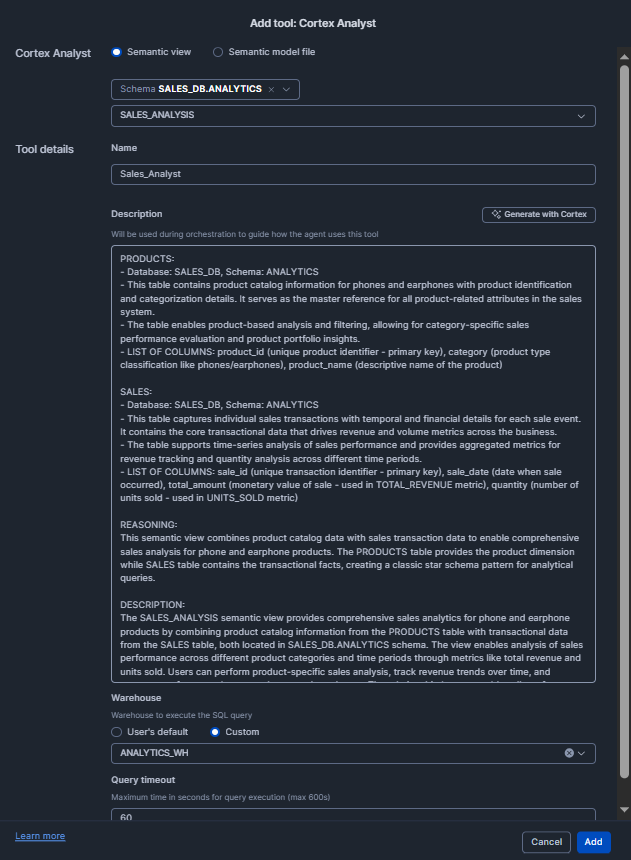 Configuring the Sales_Analyst tool settings— Snowflake Intelligence