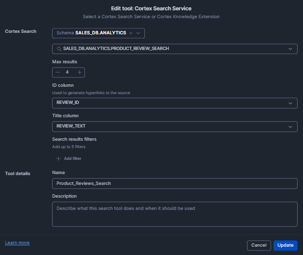 Adding the Product_Reviews_Search tool—Snowflake Intelligence