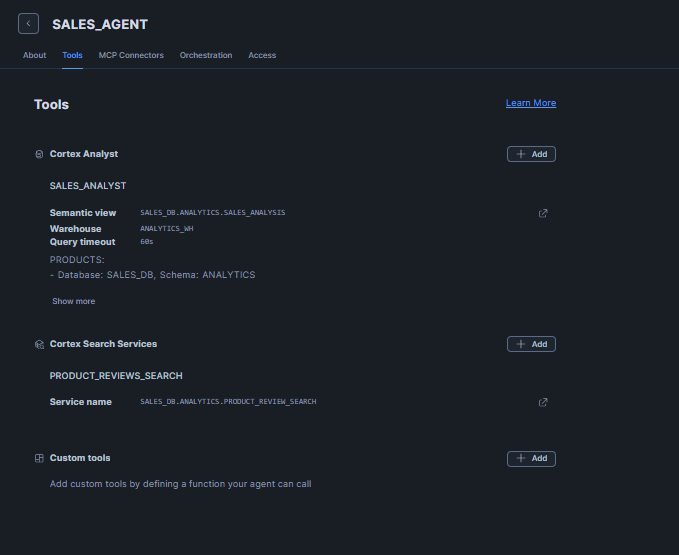 Reviewing the completed tool configuration— Snowflake Intelligence