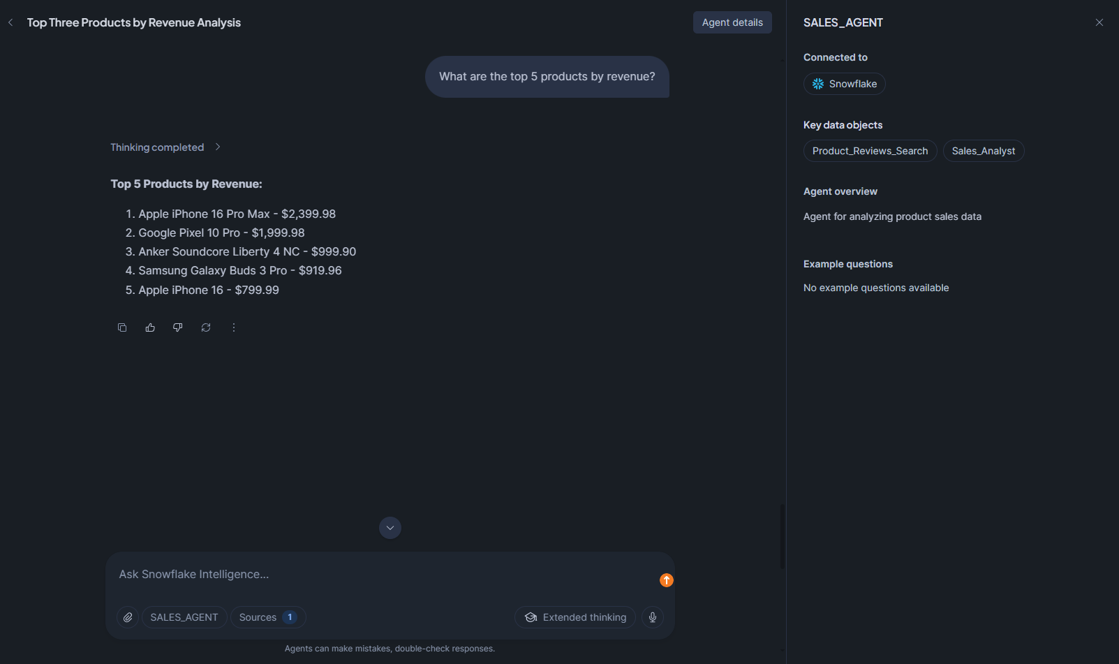 Querying top products by revenue— Snowflake Intelligence