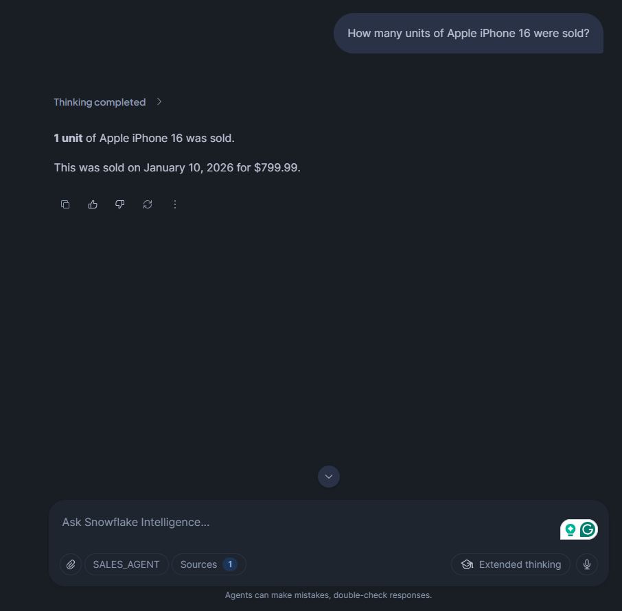 Asking for specific product sales volume— Snowflake Intelligence