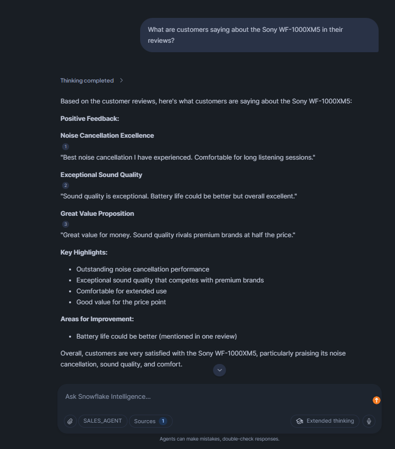 Analyzing customer sentiment through search—Snowflake Intelligence