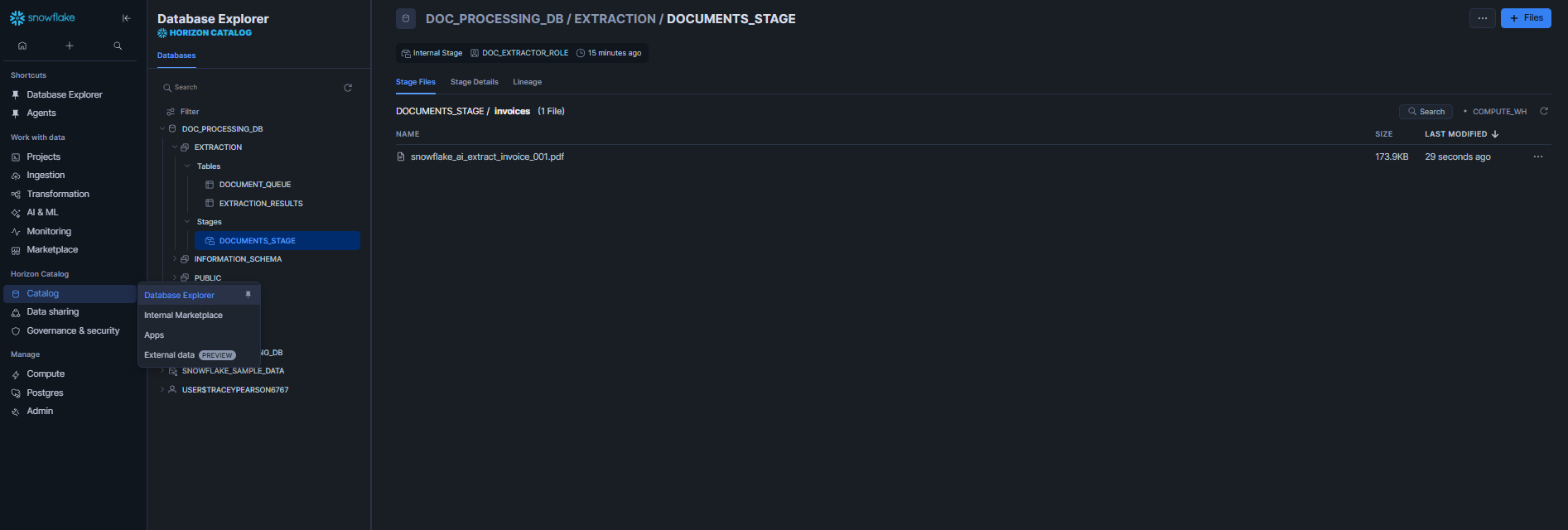 Uploading files via the Snowsight interface—Snowflake AI_EXTRACT 
