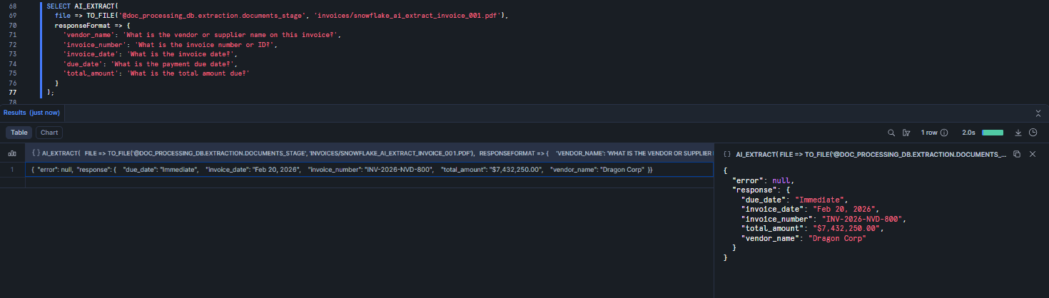Running a key-value extraction with Snowflake AI_EXTRACT 