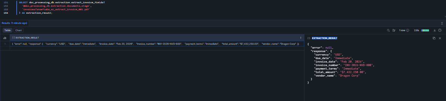Testing the wrapper function with the sample invoice—Snowflake AI_EXTRACT 