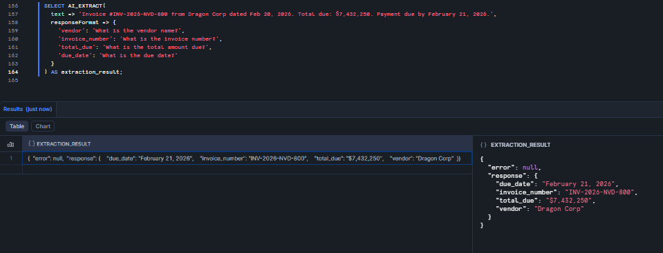 Extracting fields from an inline text string using Snowflake AI_EXTRACT 