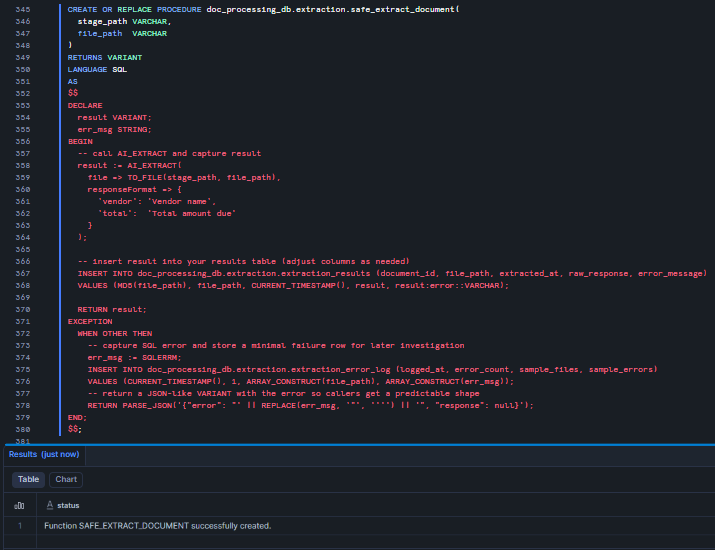 safe_extract_document stored procedure with TRY/CATCH error handling wrapping Snowflake AI_EXTRACT 