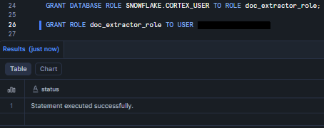 Granting SNOWFLAKE.CORTEX_USER to doc_extractor_role and assigning it to a user—Snowflake AI_EXTRACT 