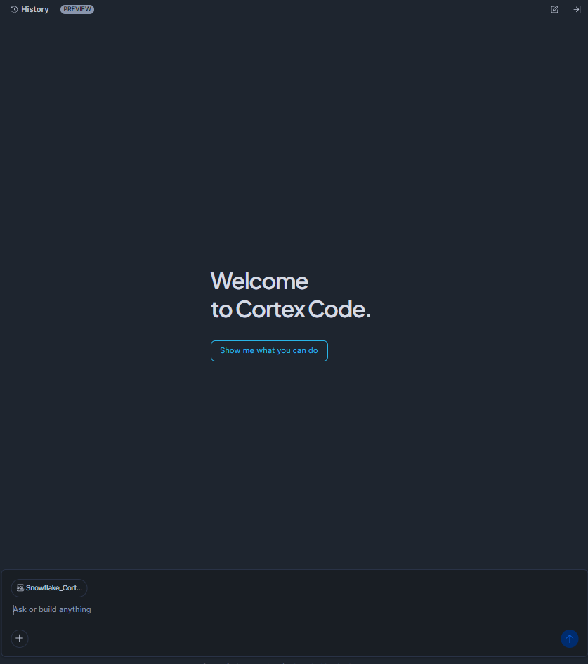 Snowflake Cortex Code side panel expanding next to the SQL editor