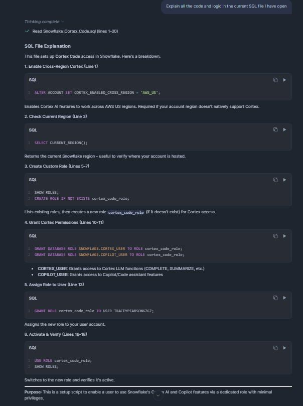 Asking Snowflake Cortex Code to analyze and explain the SQL code currently visible in the editor