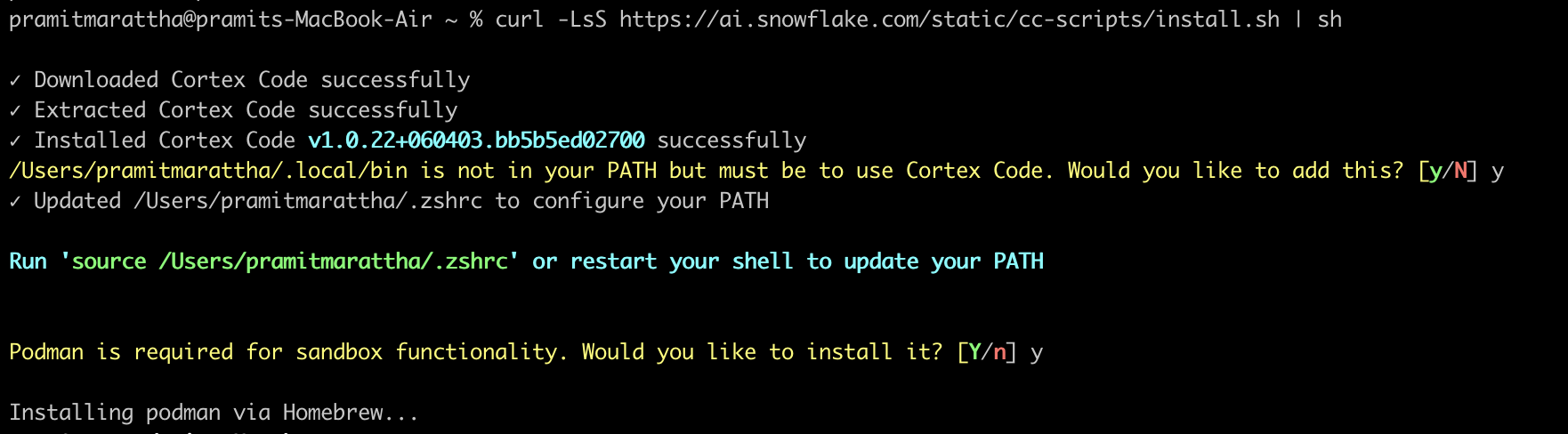 Executing the curl command to download and pipe the installation script to the shell—Snowflake Cortex Code CLI
