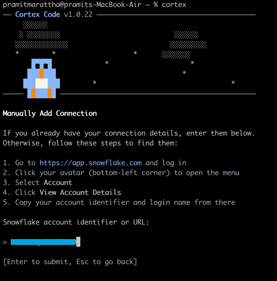 Entering the Snowflake Account Identifier into the Snowflake Cortex Code CLI prompt