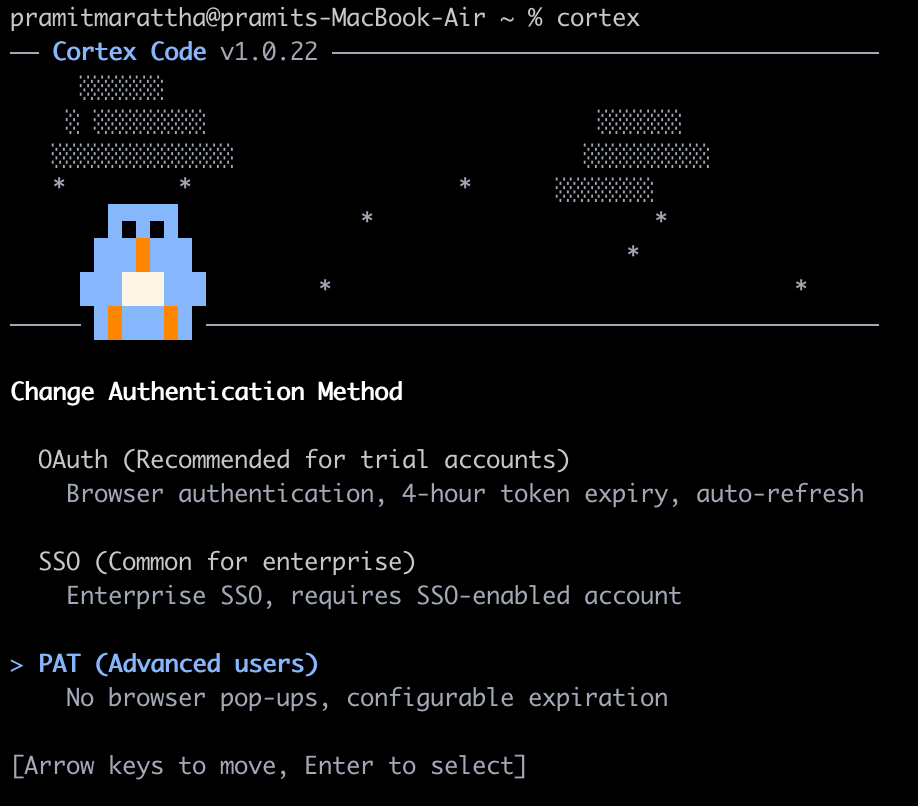 Selecting 'Programmatic Access Token' from the list of authentication mechanisms—Snowflake Cortex Code CLI
