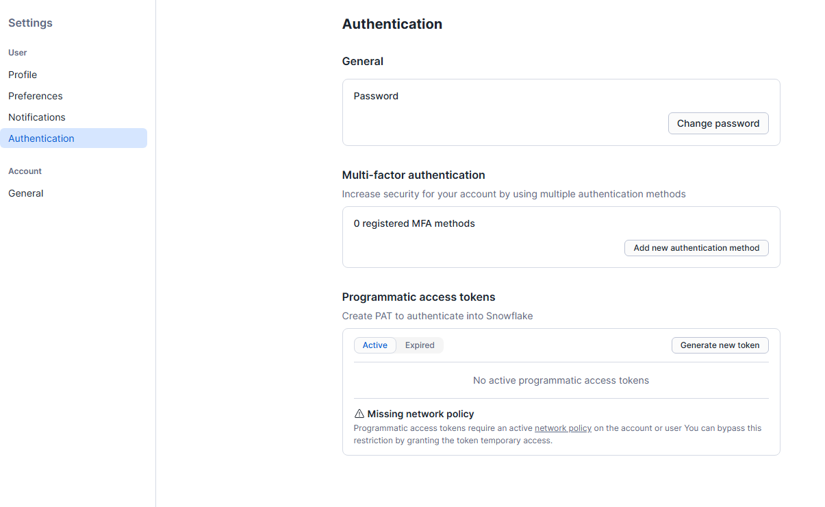 Navigating to the User Profile security settings to initiate token generation—Snowflake Cortex Code CLI