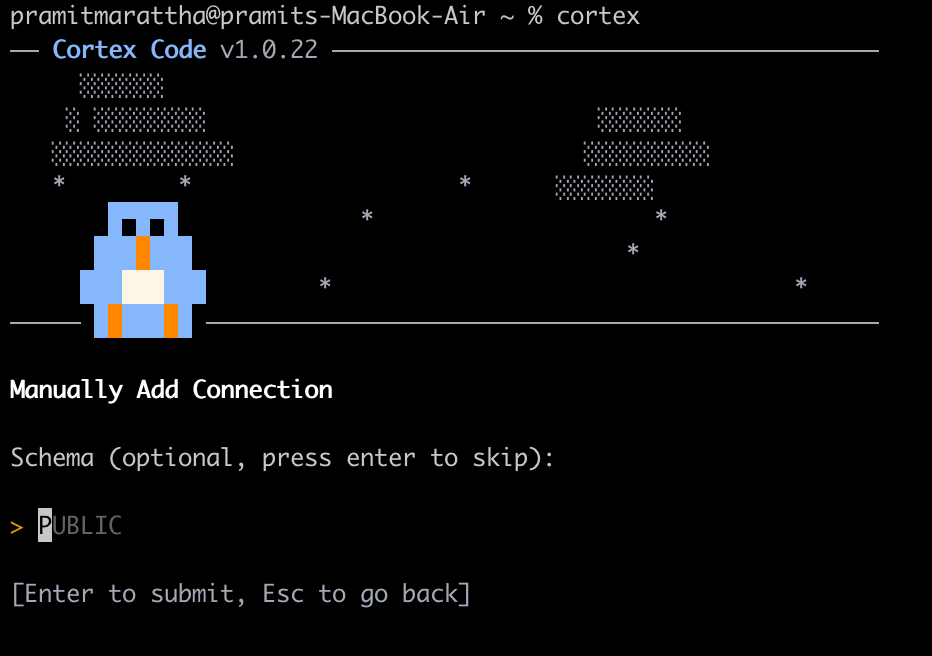 Specifying the default target schema context—Snowflake Cortex Code CLI