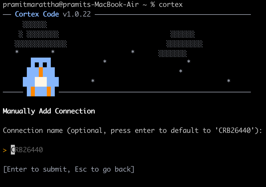 Naming the connection profile to be saved in connections.toml—Snowflake Cortex Code CLI