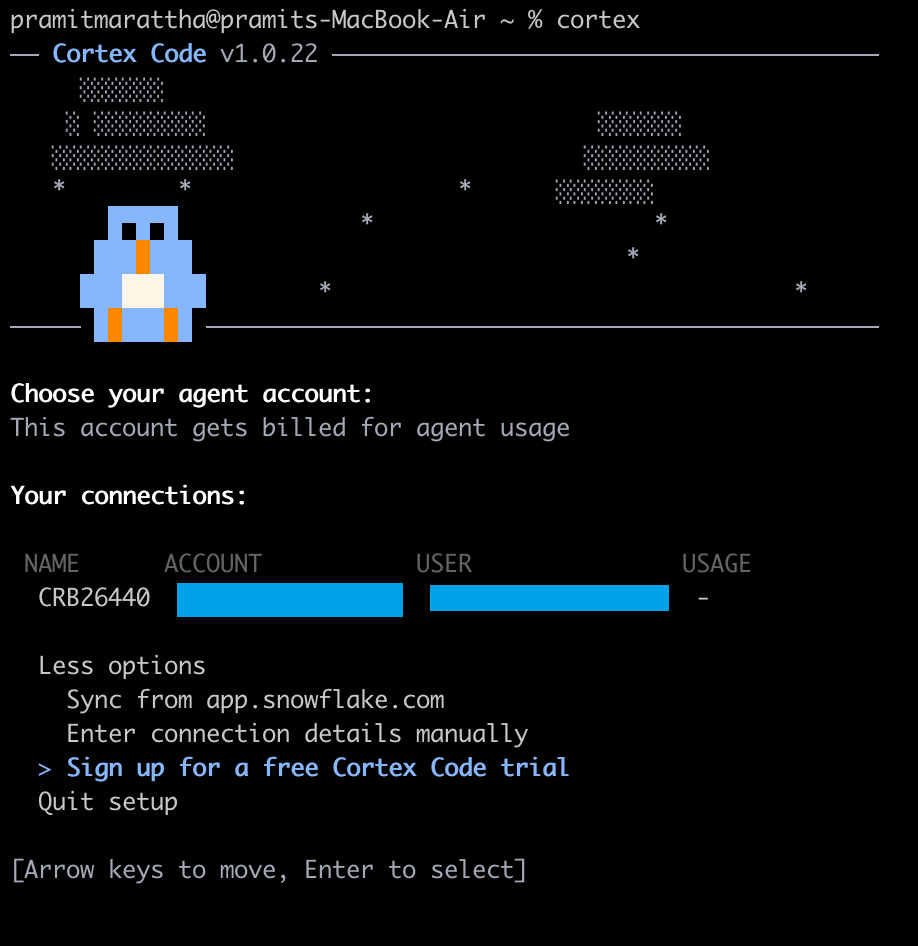 Terminal displaying a Cortex Code trial activation prompt—Snowflake Cortex Code CLI