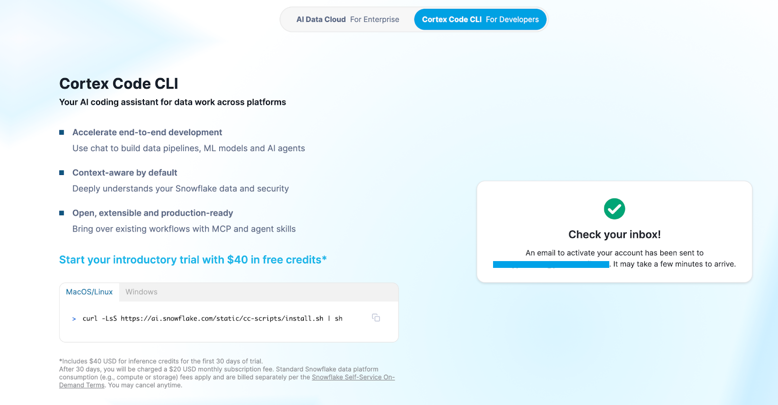 Signing up for Snowflake Cortex Code CLI