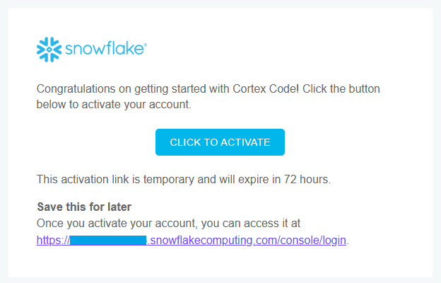 Clicking the activation link to confirm the seat license—Snowflake Cortex Code CLI