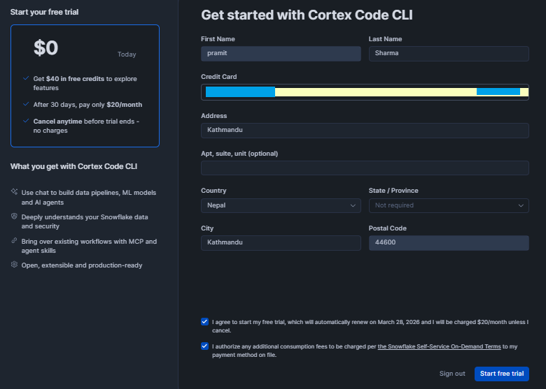 Entering credit card details to activate Snowflake Cortex Code CLI trial