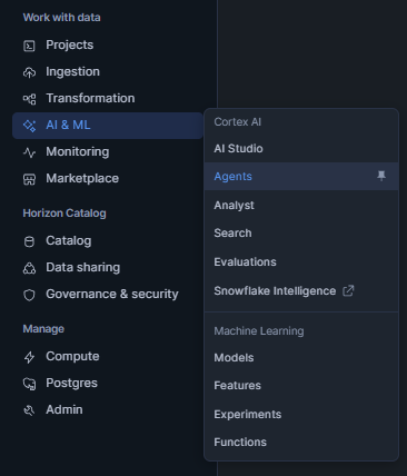 Navigating to the AI & ML settings menu within Snowflake Snowsight Administration panel—Snowflake Cortex Code