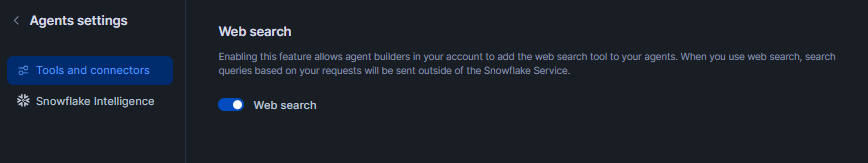 Enabling the Web Search capability in the Cortex settings—Snowflake Cortex Code