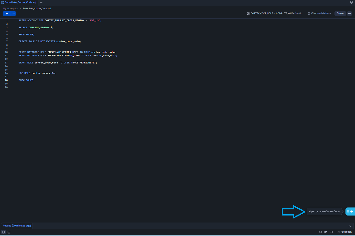 Locating the Snowflake Cortex Code floating action button in the bottom-right of the worksheet