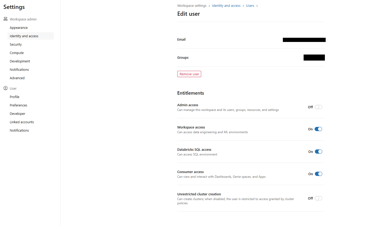 Workspace settings showing the SQL access entitlement check—Databricks AI/BI dashboards 