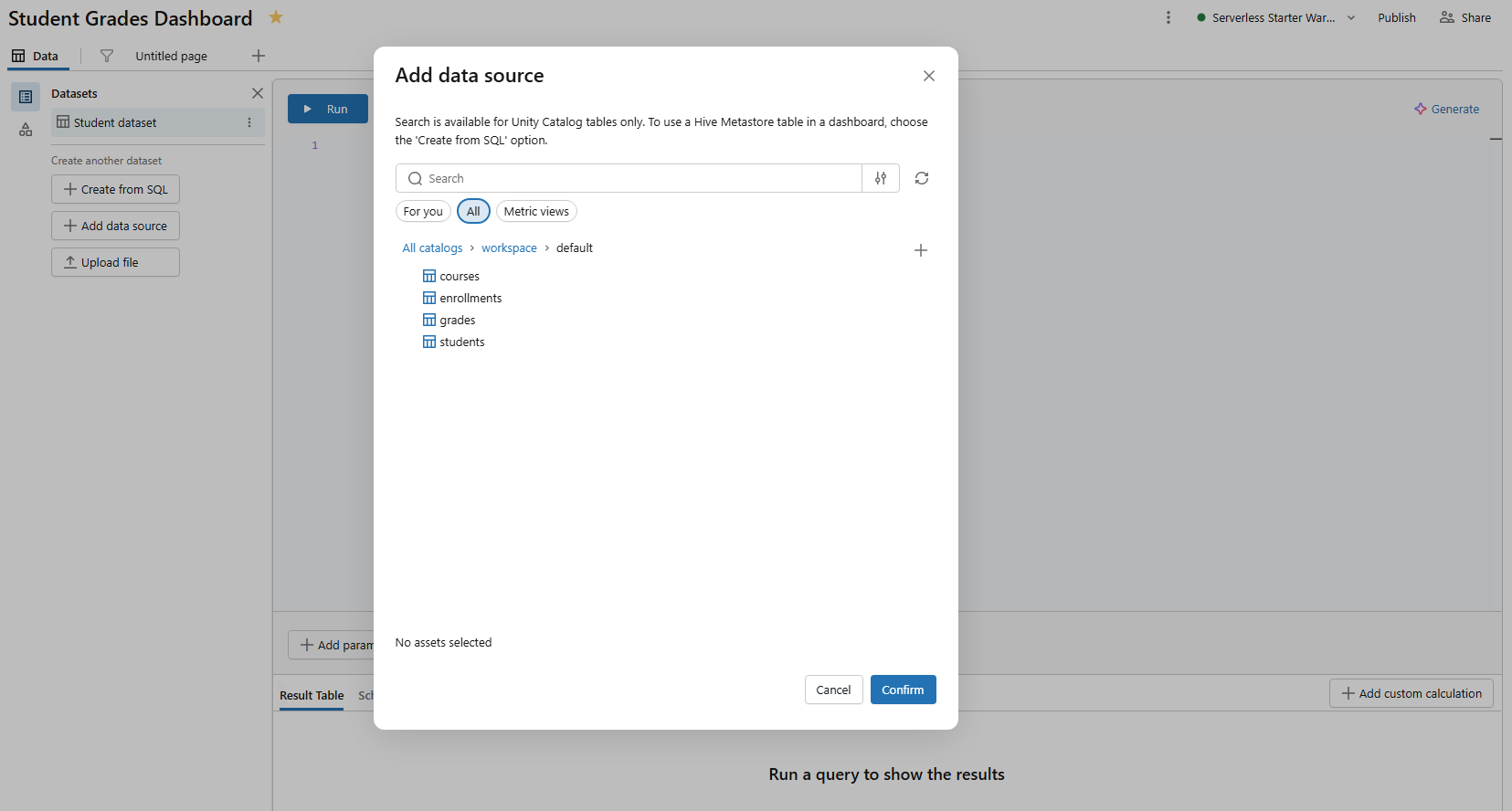 Selecting a catalog and schema to add a data source—Databricks AI/BI dashboards 