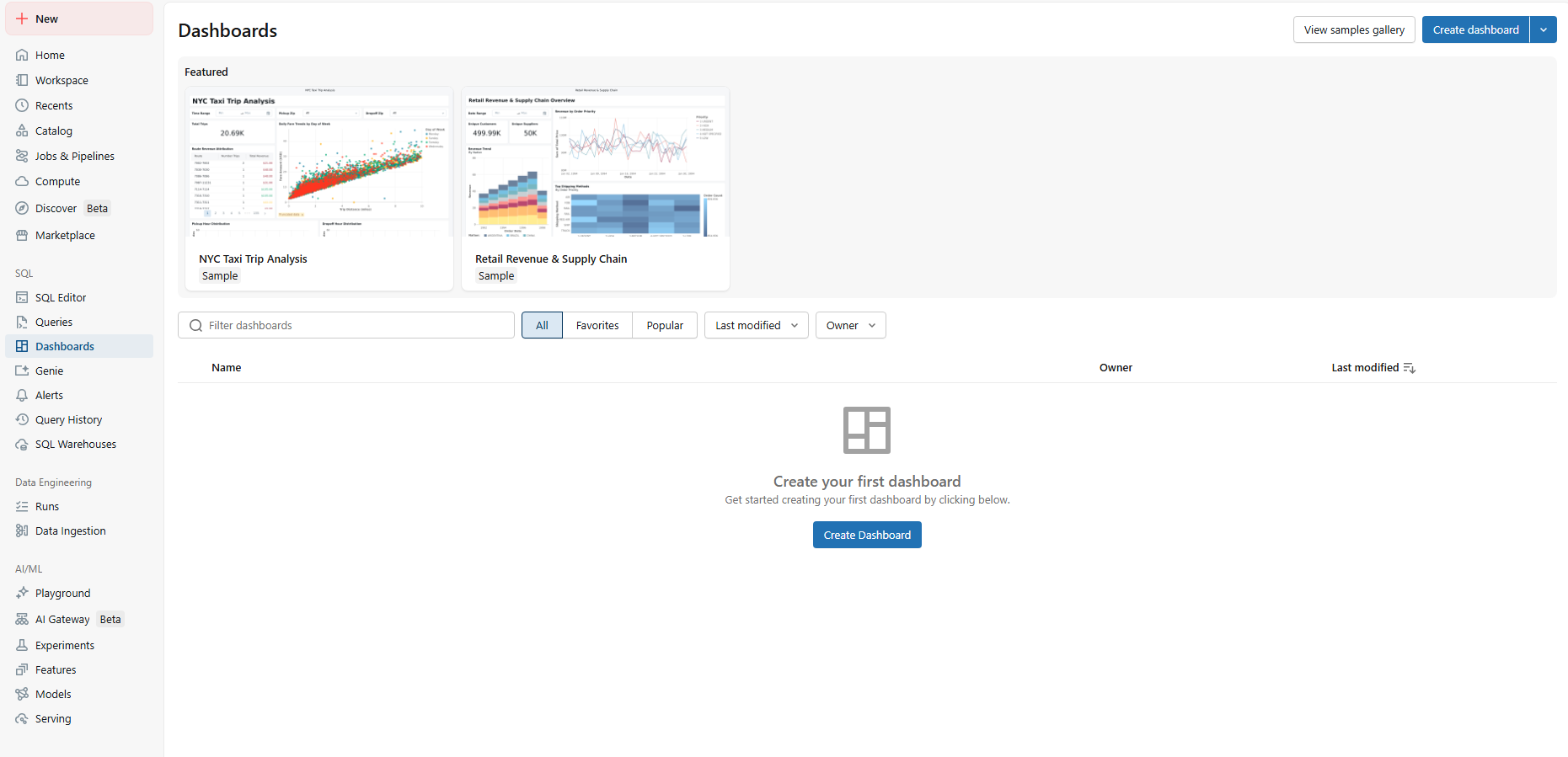 Creating a new dashboard from the listing page—Databricks AI/BI dashboards  