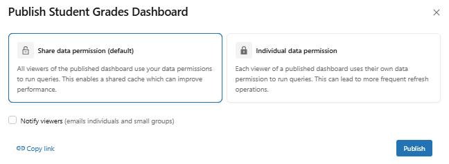 The publish dialog asking for credential preferences—Databricks AI/BI dashboards 