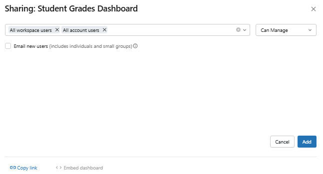 The sharing dialog for configuring viewer access—Databricks AI/BI dashboards 