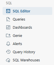 Databricks Workspace sidebar highlighting the SQL editor—Databricks AI/BI dashboards 