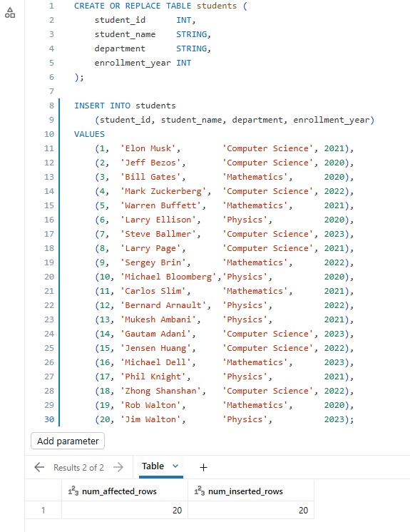 Executing the students table creation script—Databricks AI/BI dashboards 
