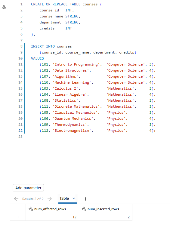 Executing the courses table creation script—Databricks AI/BI dashboards 