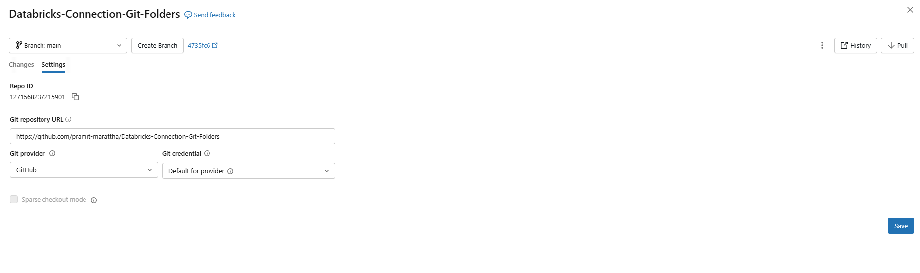 Git settings tab showing the credential drop-down for a Git folder—Databricks Git folders 