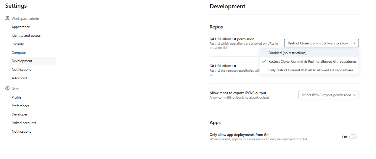 Configuring Git URL allowlist in Databricks Settings—Databricks Git folders 