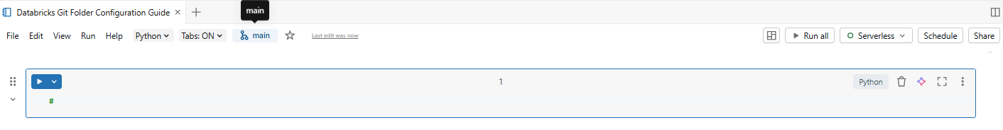 Current branch button in the Databricks notebook toolbar—Databricks Git folders 