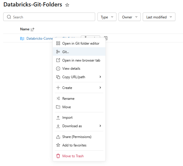 Right-click context menu showing the Git option on a Databricks Git folder 